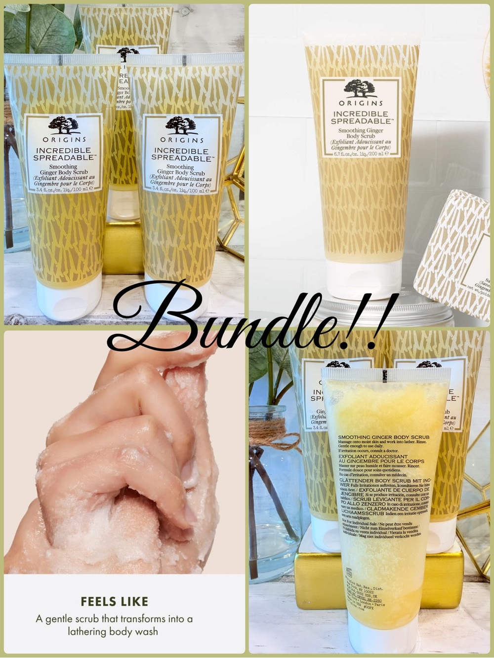Origins Incredible Spreadable Smoothing Ginger Body Scrub Bundle of 3 NEW